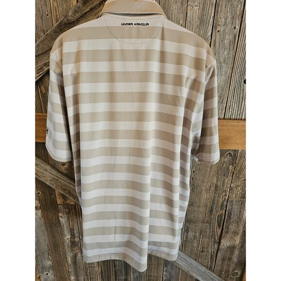 Under armour size XXL brown tan striped performance polo heat gear short sleeve - Picture 2 of 7